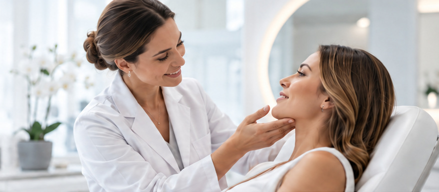 Médica realizando una consulta estética en una clínica moderna
